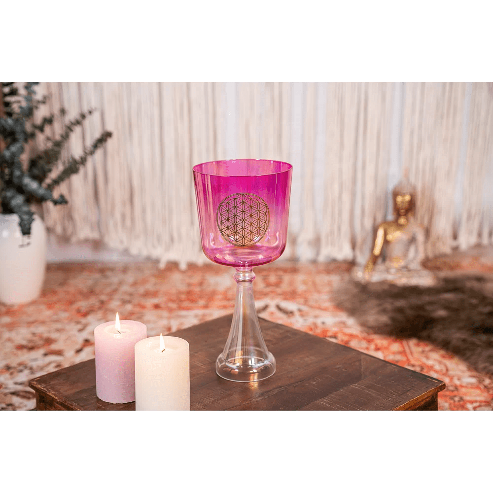 Calice sonoro in cristallo | 6'' rosa, Chakra del Cuore - Fiore della vita - VibraSonic